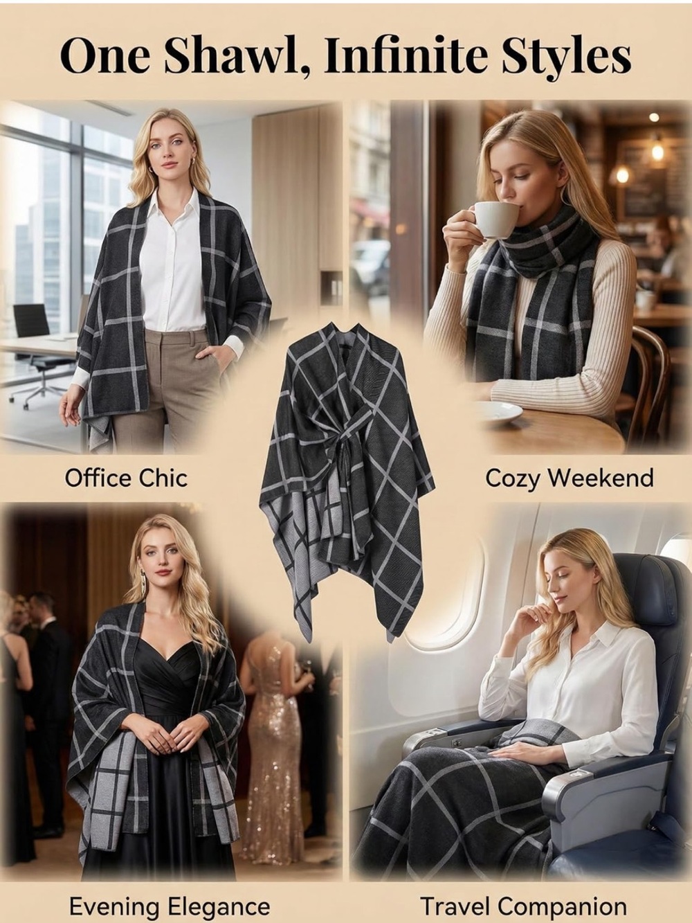 Windowpane Black/Grey Reversible Open Front Ruana Poncho - Picture 8 of 11